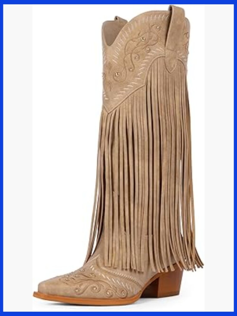 Fringe Knee High Cowboy Boots Embroidered Western Chunky Heel Slip On - Picture 1 of 7